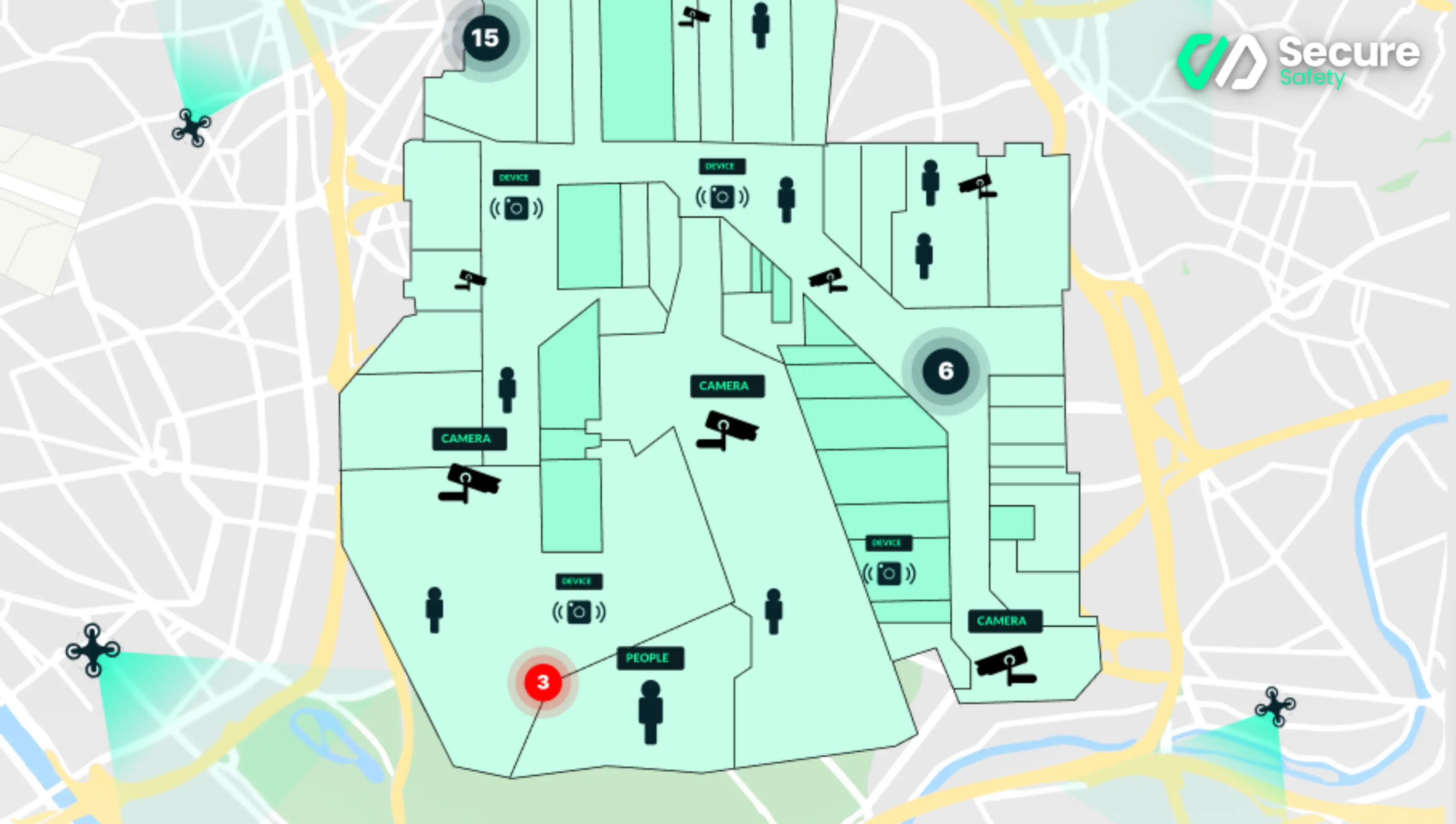 SecureSafety live site map showing dynamically activated zone boundaries, camera positions and real-time alerts across a complex industrial facility